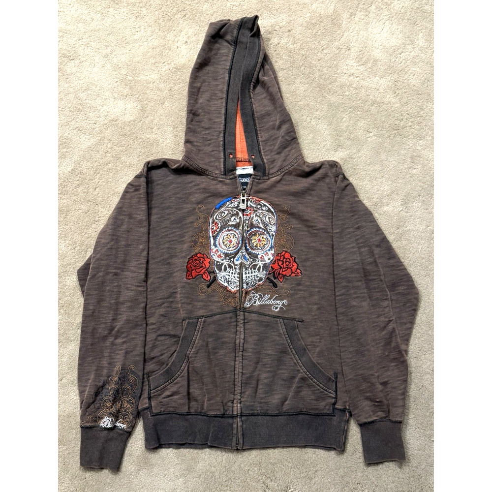 VINTAGE Billabong Hoodie Mens S Full Zip Embroidered Skull Surf Skater Brown